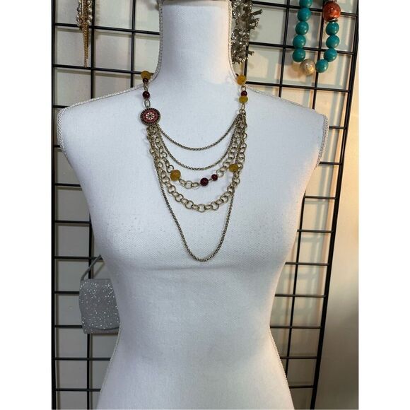 Lucky Brand Gypsy Red Enamel Medallion Gold-Tone Layered Long Necklace - Picture 8 of 8